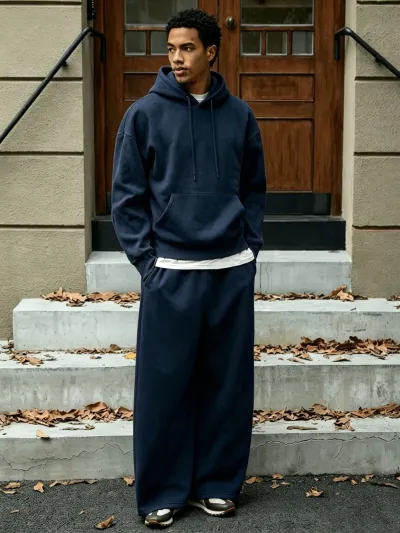 Men'S Fashion Casual Autumn Solid Color Fleece-Lined Long-Sleeve Hoodies Wide-Leg Pants Two-Piece Set