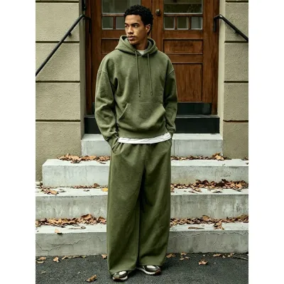 Men'S Fashion Casual Autumn Solid Color Fleece-Lined Long-Sleeve Hoodies Wide-Leg Pants Two-Piece Set