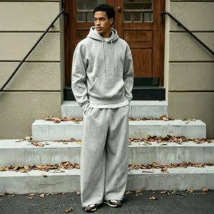 Men'S Fashion Casual Autumn Solid Color Fleece-Lined Long-Sleeve Hoodies Wide-Leg Pants Two-Piece Set