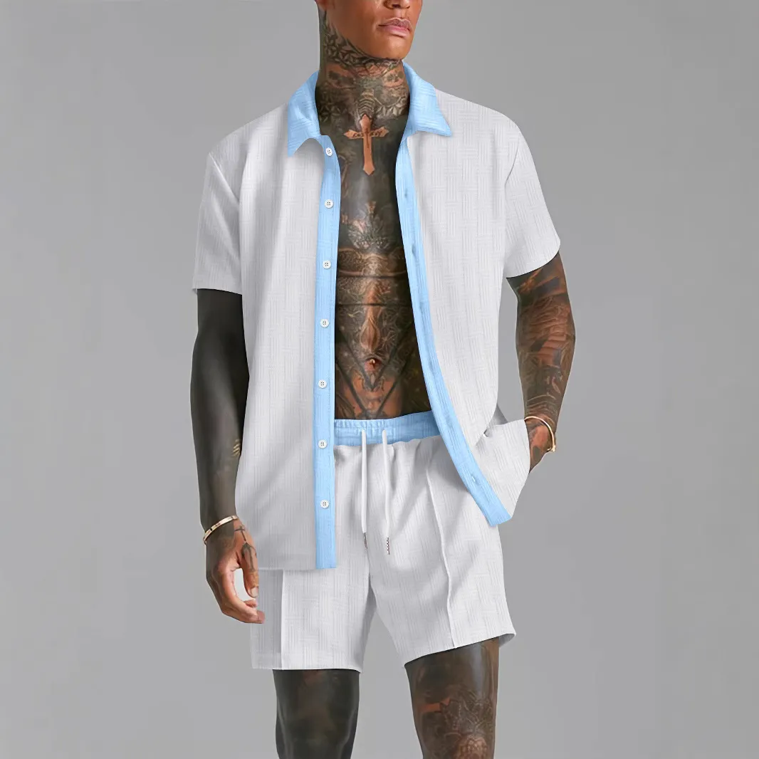 Men'S Fashion Casual Summer Colorblock Lapel Short-Sleeve Shirt Loose Shorts Two-Piece Set