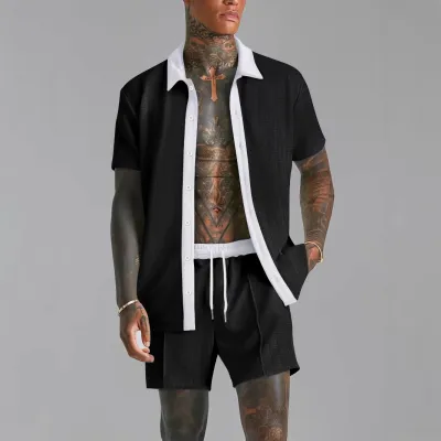Men'S Fashion Casual Summer Colorblock Lapel Short-Sleeve Shirt Loose Shorts Two-Piece Set