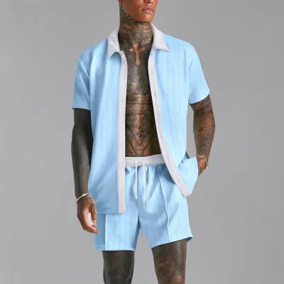 Men'S Fashion Casual Summer Colorblock Lapel Short-Sleeve Shirt Loose Shorts Two-Piece Set