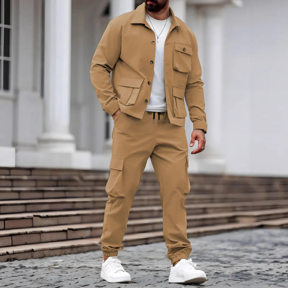 Men'S Fashion Casual Autumn Solid Color Multi-Pocket Lapel Long-Sleeve Jacket Cargo Pants Two-Piece Set