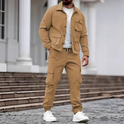 Men'S Fashion Casual Autumn Solid Color Multi-Pocket Lapel Long-Sleeve Jacket Cargo Pants Two-Piece Set