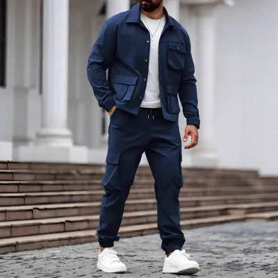 Men'S Fashion Casual Autumn Solid Color Multi-Pocket Lapel Long-Sleeve Jacket Cargo Pants Two-Piece Set