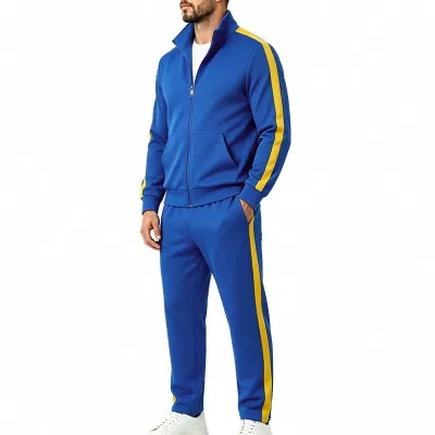 Men'S Fashion Casual Spring And Autumn Side Contrast Stripe Collar Zipper Long-Sleeve Jacket Slim-Fit Pants Two-Piece Set