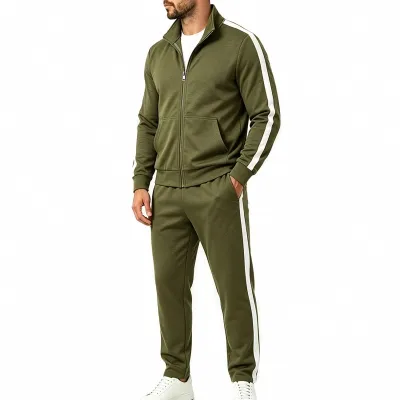 Men'S Fashion Casual Spring And Autumn Side Contrast Stripe Collar Zipper Long-Sleeve Jacket Slim-Fit Pants Two-Piece Set