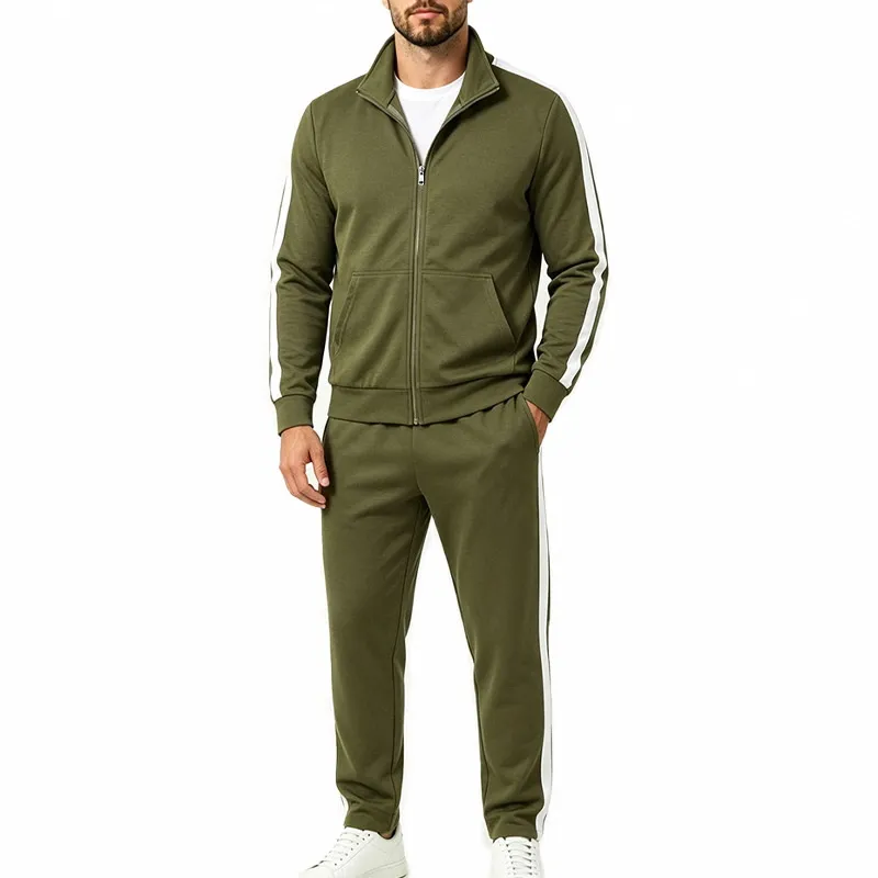 Men'S Fashion Casual Spring And Autumn Side Contrast Stripe Collar Zipper Long-Sleeve Jacket Slim-Fit Pants Two-Piece Set