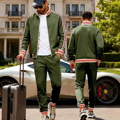 Men'S Fashion Casual Autumn And Winter Stripe Contrast Color Fleece Long-Sleeve Jacket Slim-Fit Pants Two-Piece Set