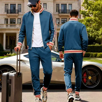 Men'S Fashion Casual Autumn And Winter Stripe Contrast Color Fleece Long-Sleeve Jacket Slim-Fit Pants Two-Piece Set