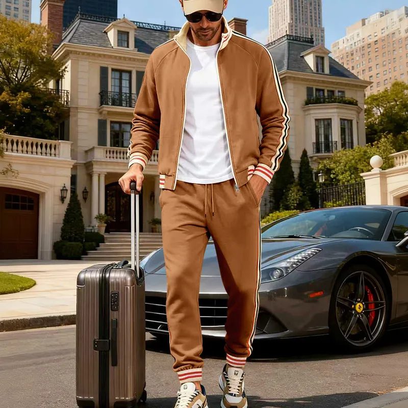Men'S Fashion Casual Autumn And Winter Stripe Contrast Color Fleece Long-Sleeve Jacket Slim-Fit Pants Two-Piece Set