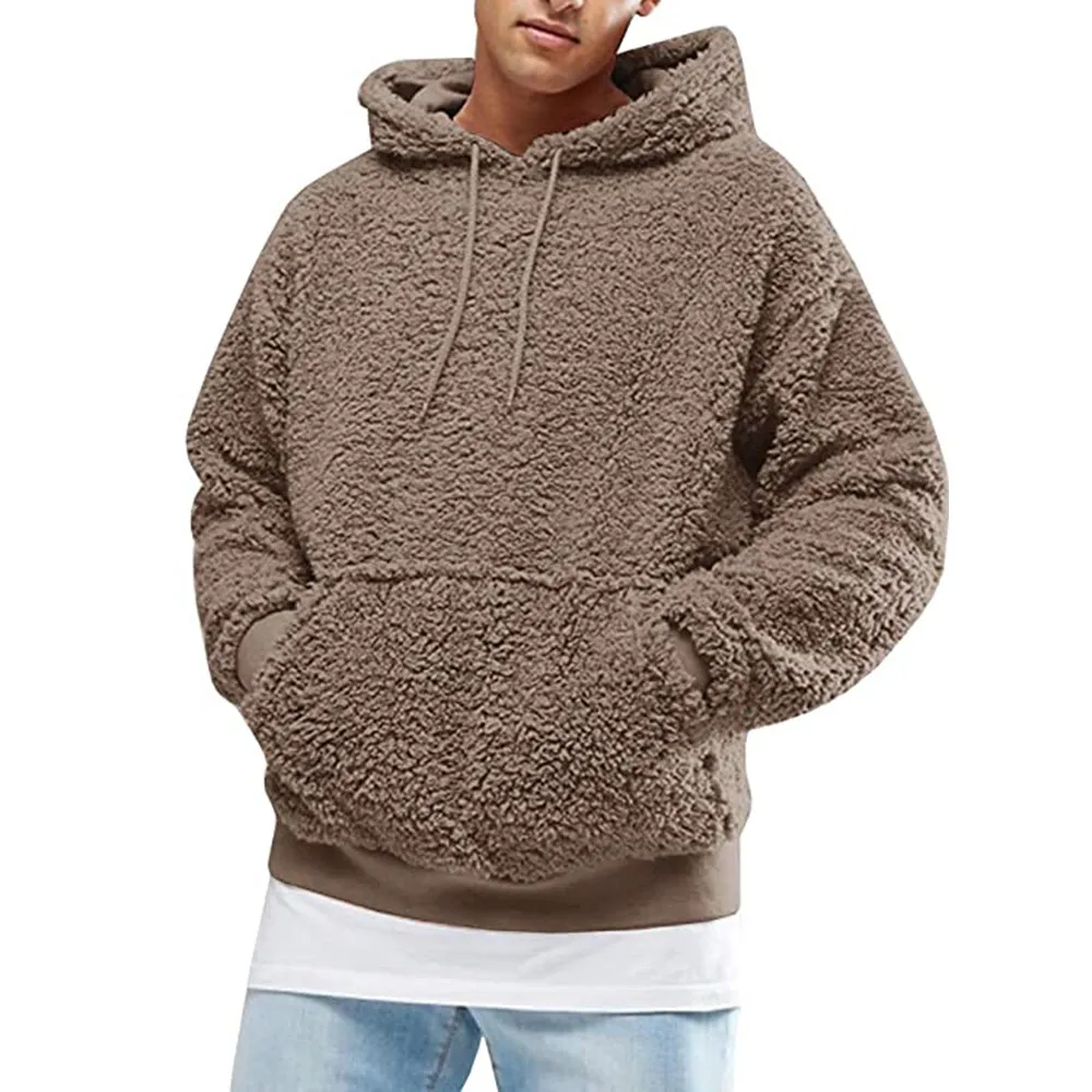 Men'S Fashion Casual Autumn And Winter Solid Color Wool Plush Long-Sleeve Hoodies