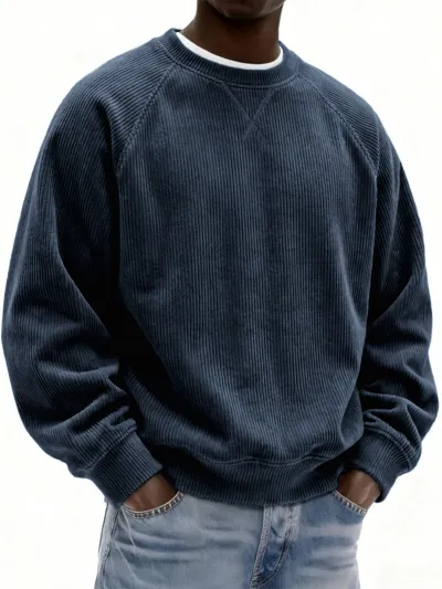 Men'S Fashion Casual Autumn And Winter Solid Color Corduroy Round Neck Long Sleeve Loose Sweatshirt