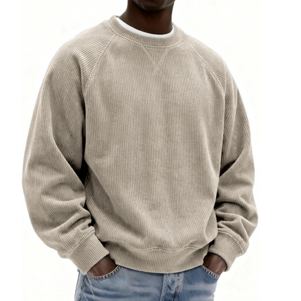 Men'S Fashion Casual Autumn And Winter Solid Color Corduroy Round Neck Long Sleeve Loose Sweatshirt
