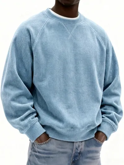 Men'S Fashion Casual Autumn And Winter Solid Color Corduroy Round Neck Long Sleeve Loose Sweatshirt