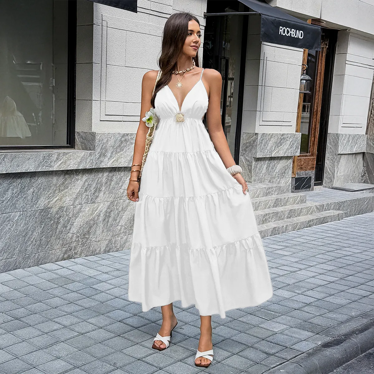 Women Fashion Casual Summer Solid Color Spaghetti Straps V-Neck A-Line Dress