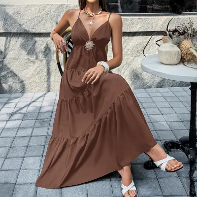 Women Fashion Casual Summer Solid Color Spaghetti Straps V-Neck A-Line Dress