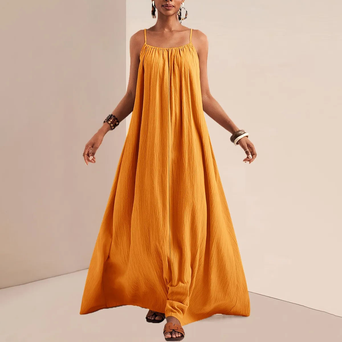 Women Fashion Casual Summer Solid Color Spaghetti Straps Large Swing Dress