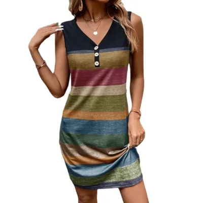 Woemn Fashion Casual Summer Stripe Printed Button Sleeveless Loose Dress
