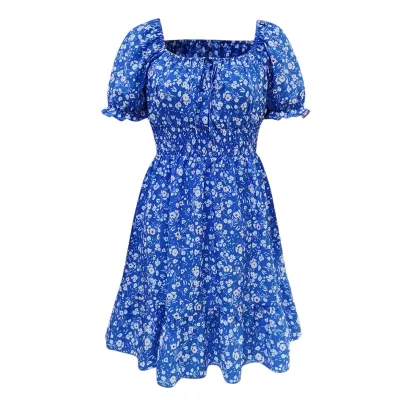 Women Fashion Casual Spring And Summer Flower Printed Short-Sleeve A-Line Dress