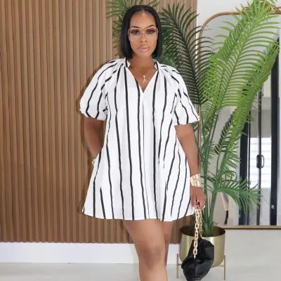Women Fashion Casual Summer Stripe V-Neck Puff Sleeve Pocket Loose Dress