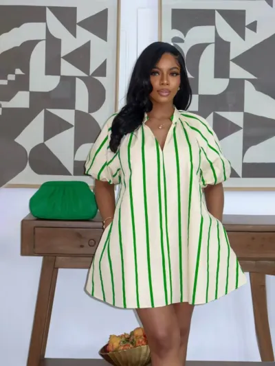 Women Fashion Casual Summer Stripe V-Neck Puff Sleeve Pocket Loose Dress