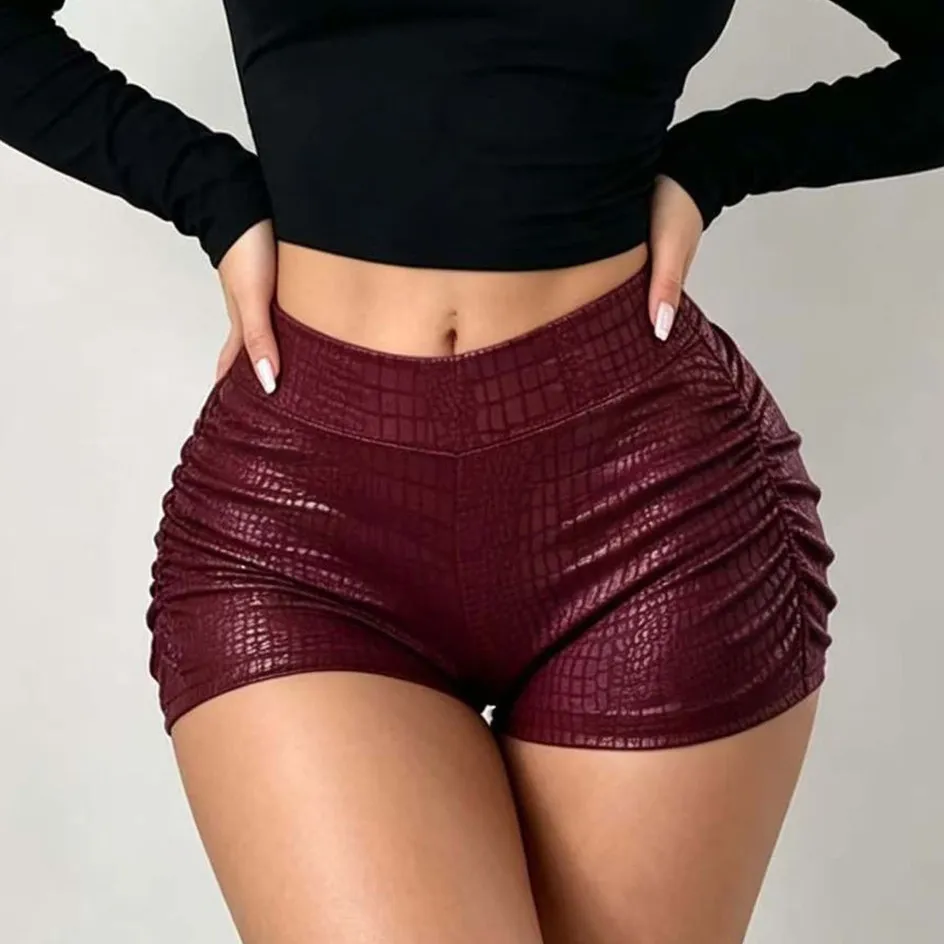 Women Fashion Summer Solid Color Tight Waist Snake Faux Leather Shorts