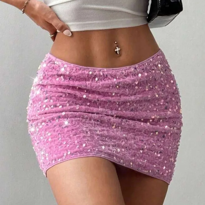 Woemn Fashion Sexy Solid Color Sequins Beaded Fleece Skirt