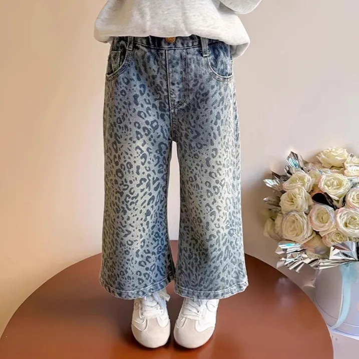 Kids Girls' Fashion Spring And Autumn Leopard Wide Leg Jeans