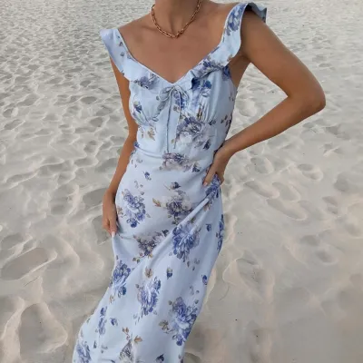 Women Fashion Holiday Floral Print Maxi Dress