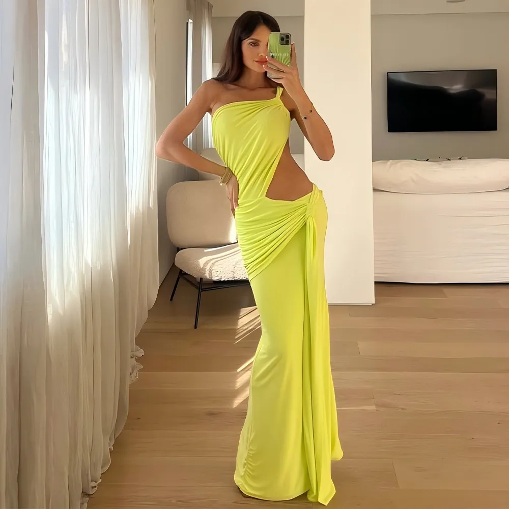 Women Fashion Sexy Solid Color One Shoulder Open-Back Maxi Dress