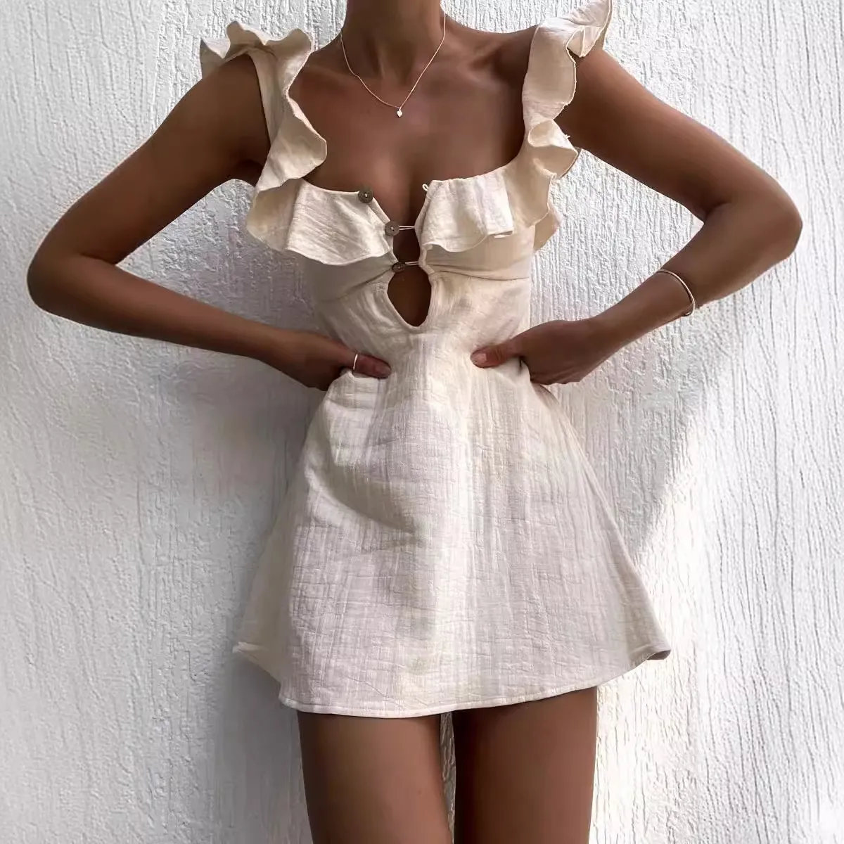 Women Casual Solid Color Ruffled Cotton Linen Dress