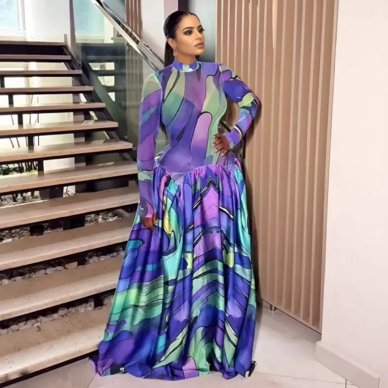 Women Fashion Mesh Print Long Sleeve Maxi Dress