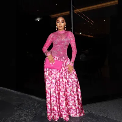 Women Fashion Mesh Print Long Sleeve Maxi Dress