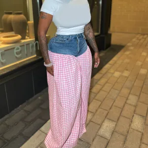 Women Fashion Denim Patchwork Plaid Printed High Waist Loose Wide Leg Pants