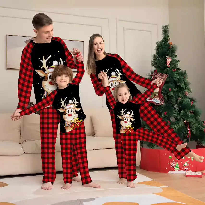 Fashion Cartoon Christmas Fawn Plaid Printed Round Neck Long Sleeve Family Matching Pajamas Set