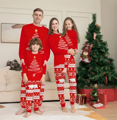 Fashion Cartoon Christmas Print Round Neck Long Sleeve Family Matching Pajamas Set