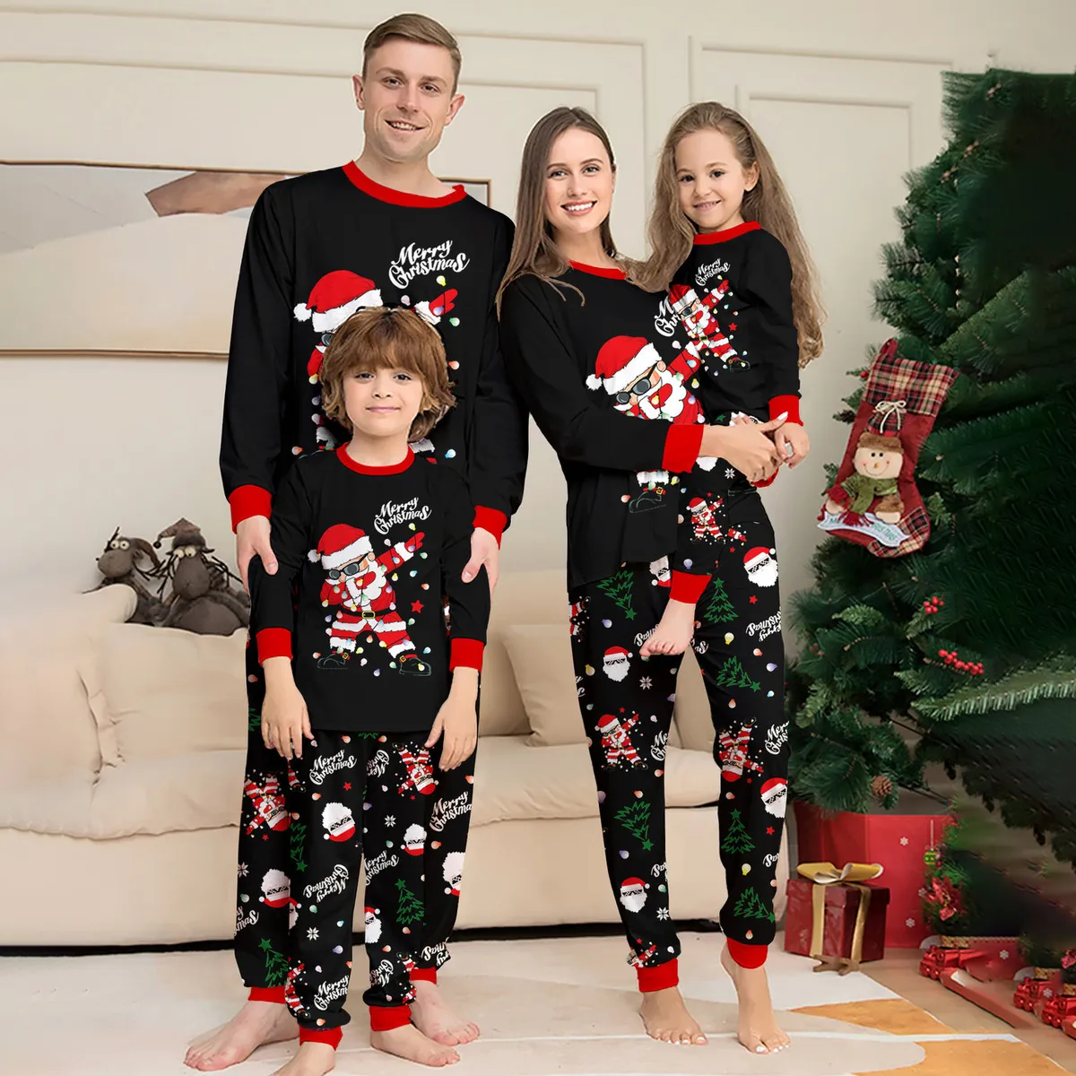 Fashion Cartoon Christmas Print Round Neck Long Sleeve Family Matching Pajamas Set