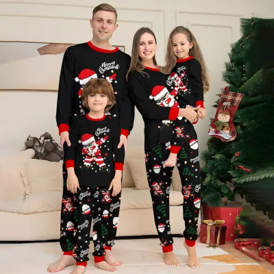 Fashion Cartoon Christmas Print Round Neck Long Sleeve Family Matching Pajamas Set