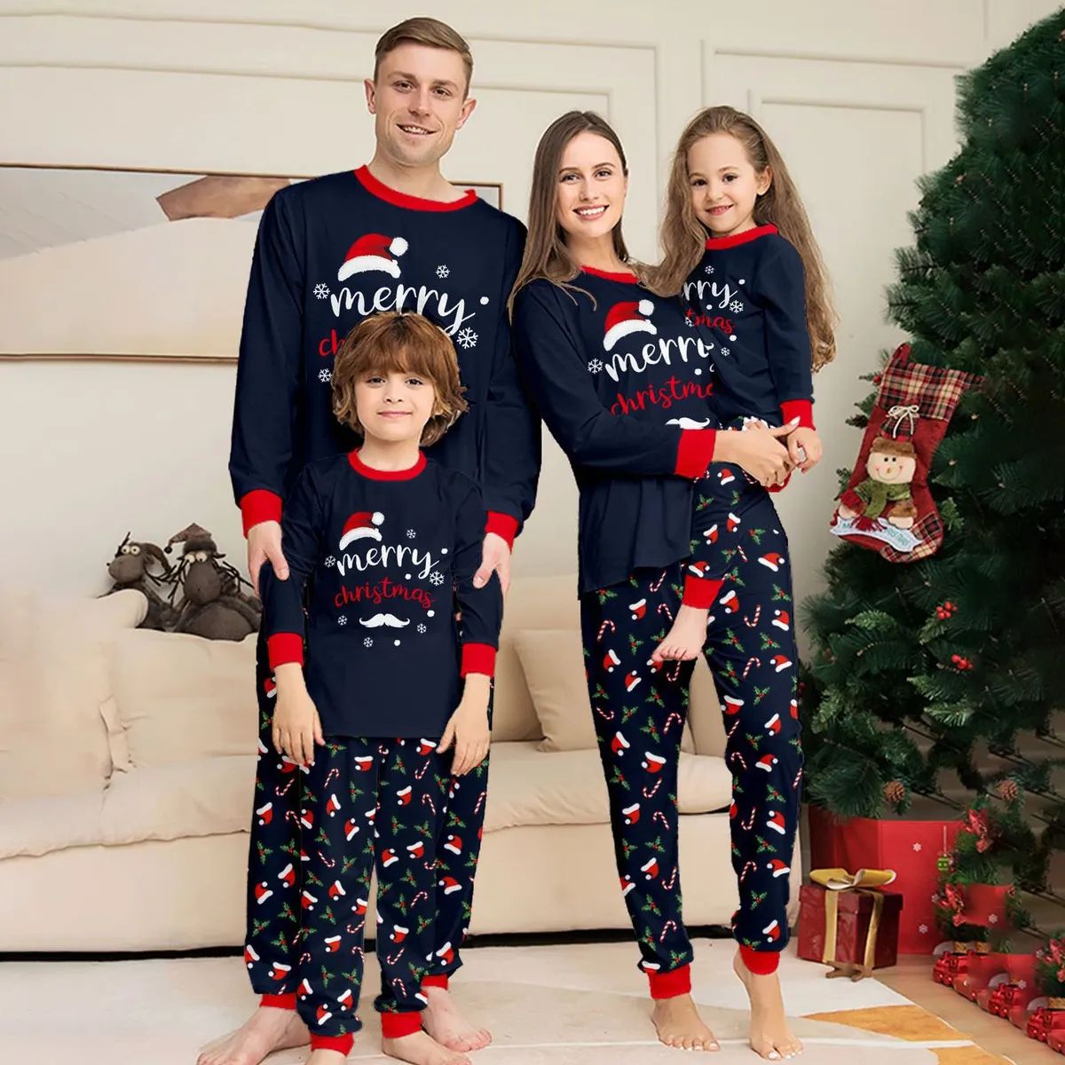 Fashion Cartoon Christmas Print Round Neck Long Sleeve Family Matching Pajamas Set