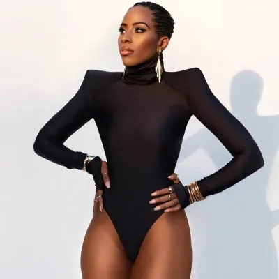 Women Fashion Sexy Solid Color High Neck Long Sleeve Tight High Elastic Bodysuits