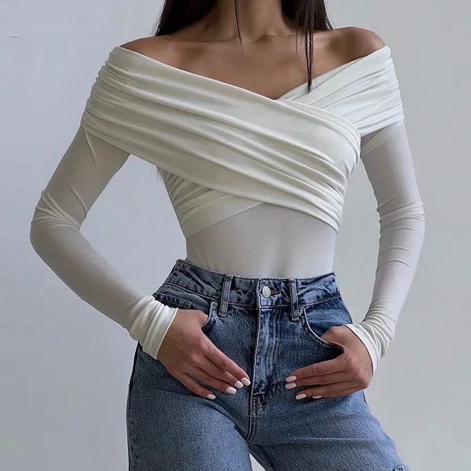 Women'Sfashion Sexy Solid Color V-Neck Long Sleeve Cross Twisted Pleated Stretch Bodysuits