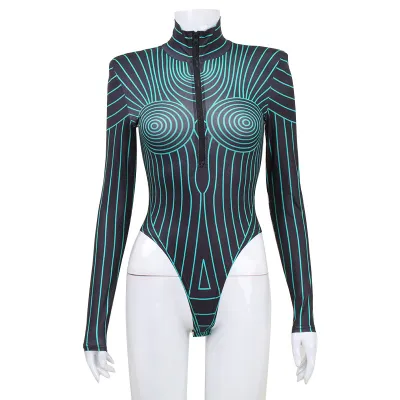 Women Fashion Sexy Stripe Fluorescent High Neck Long Sleeve Zipper Bodysuits