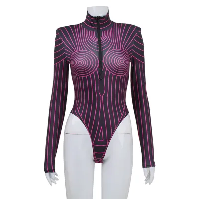 Women Fashion Sexy Stripe Fluorescent High Neck Long Sleeve Zipper Bodysuits