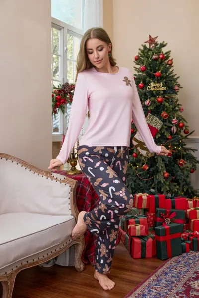 Christmas Women'S Fashion Printed Round-Neck Long-Sleeve T-Shirt Pants Pajamas Two-Piece Set