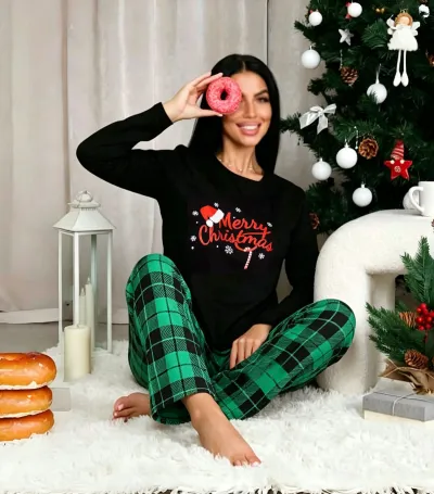 Christmas Women Fashion Casual Print Round-Neck Long Sleeve T-Shirt Plaid Pants Pajamas Two-Piece Set