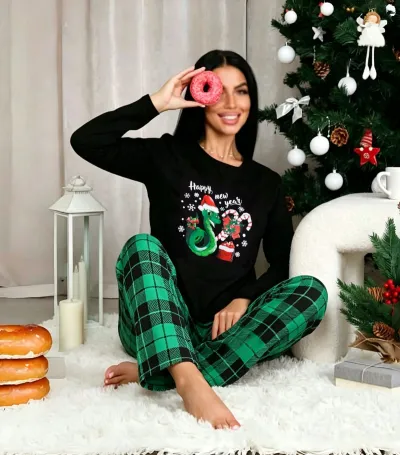 Christmas Women Fashion Casual Print Round-Neck Long Sleeve T-Shirt Plaid Pants Pajamas Two-Piece Set