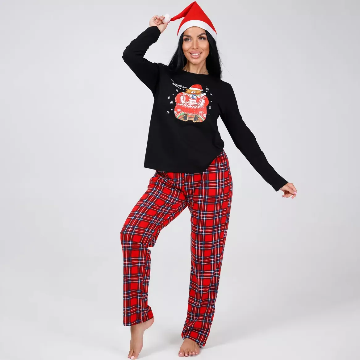 Christmas Women Fashion Casual Print Round-Neck Long Sleeve T-Shirt Plaid Pants Pajamas Two-Piece Set