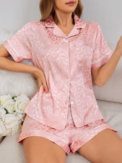 Women Fashion Casual Leopard Lapel Short-Sleeve Cardigan Loose Shorts Pajamas Two-Piece Set