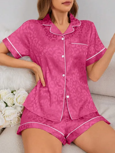 Women Fashion Casual Leopard Lapel Short-Sleeve Cardigan Loose Shorts Pajamas Two-Piece Set